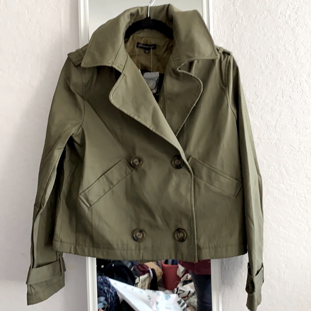 Shine star double breasted cropped olive jacket medium. New with tags!